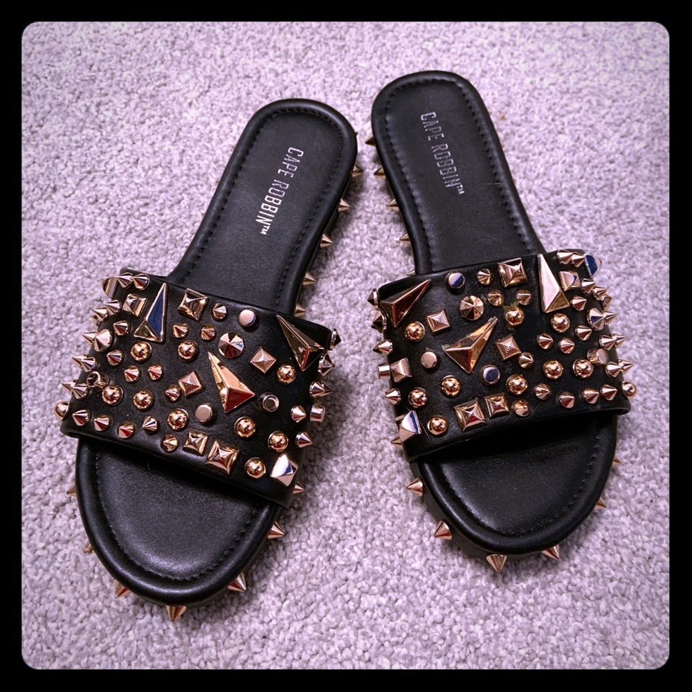 ❤️ Gold Studded Black Vegan Leather Slides ❤️